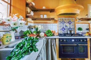 Une cuisine équipée d’une cuisinière, d’un four et de divers légumes frais disposés sur le plan de travail.