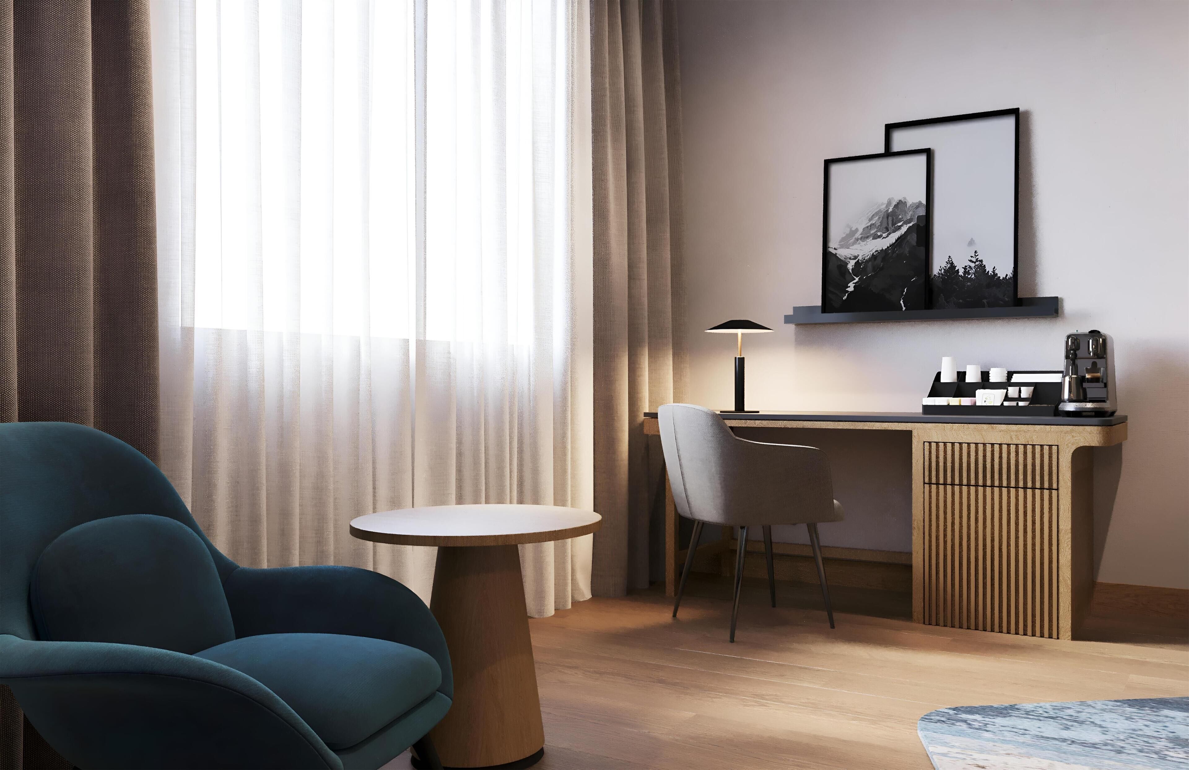 高档床上用品、羽绒被、迷你吧、客房内保险箱