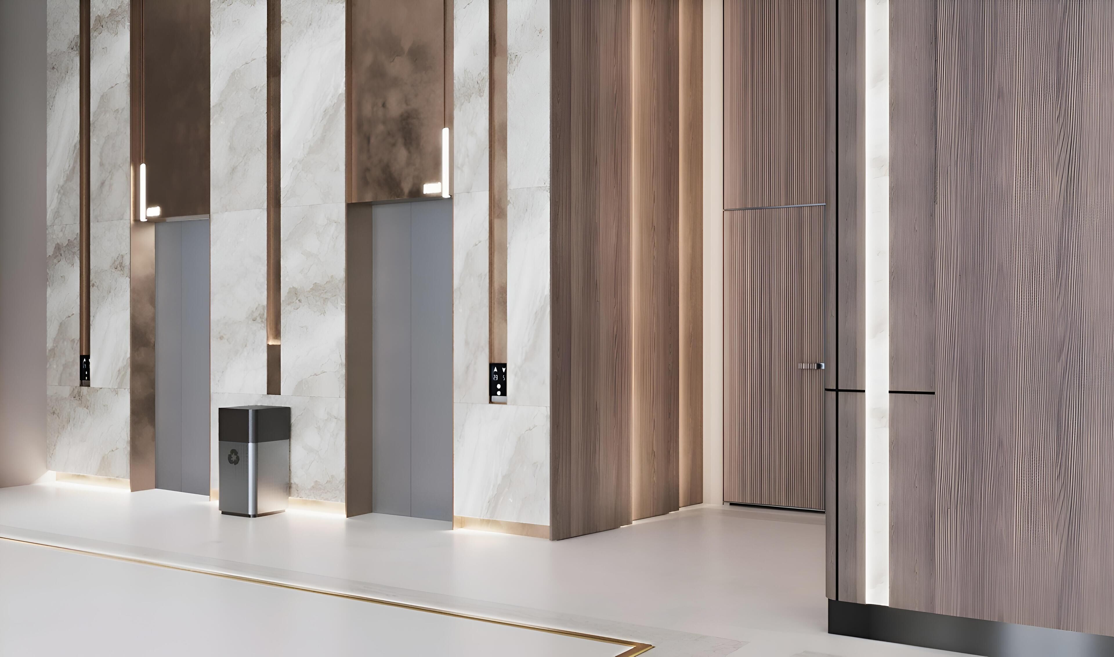 A modern elevator interior with marble walls and wooden paneling.