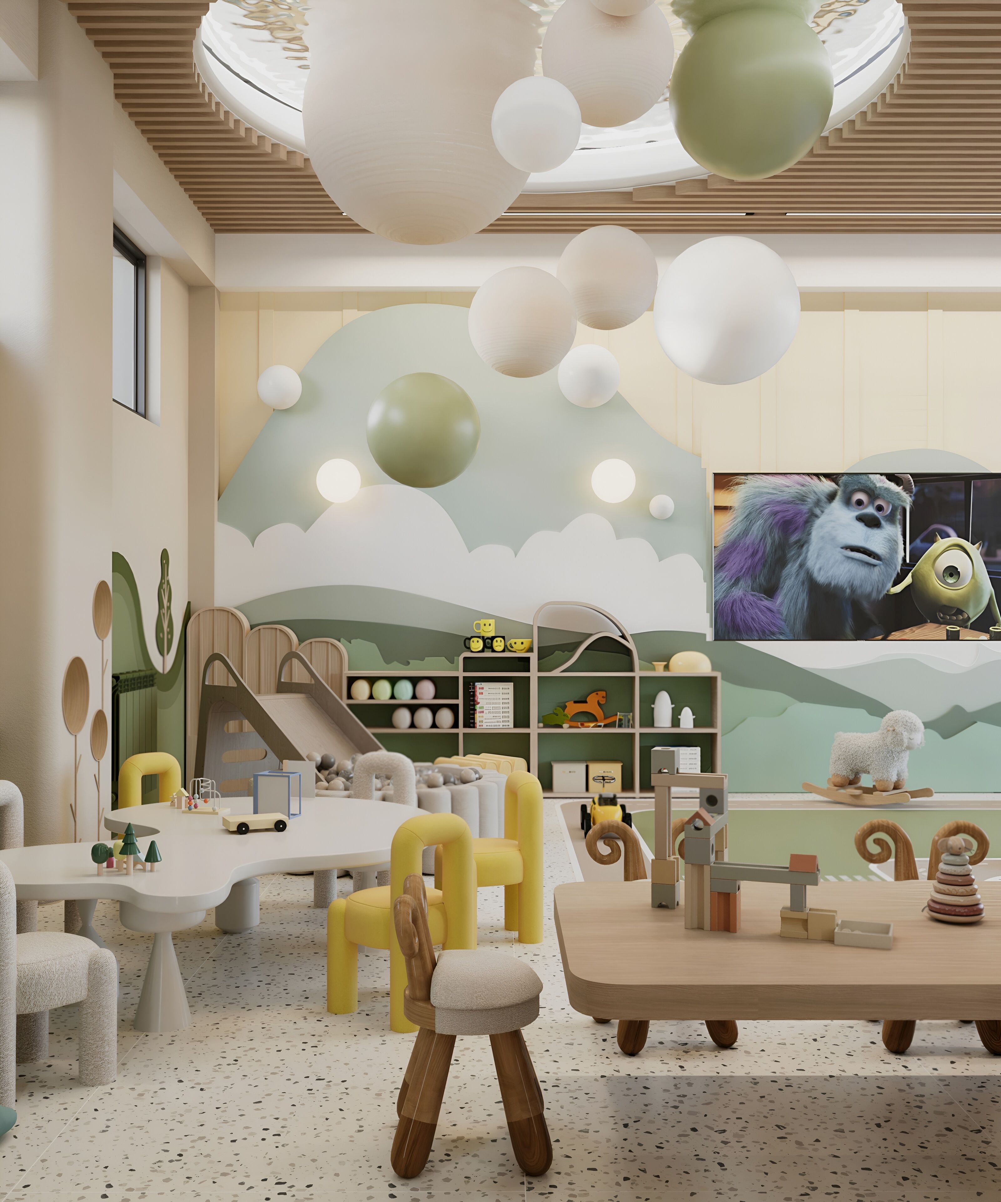 A children's playroom with a slide, toys, and a mural of a character.
