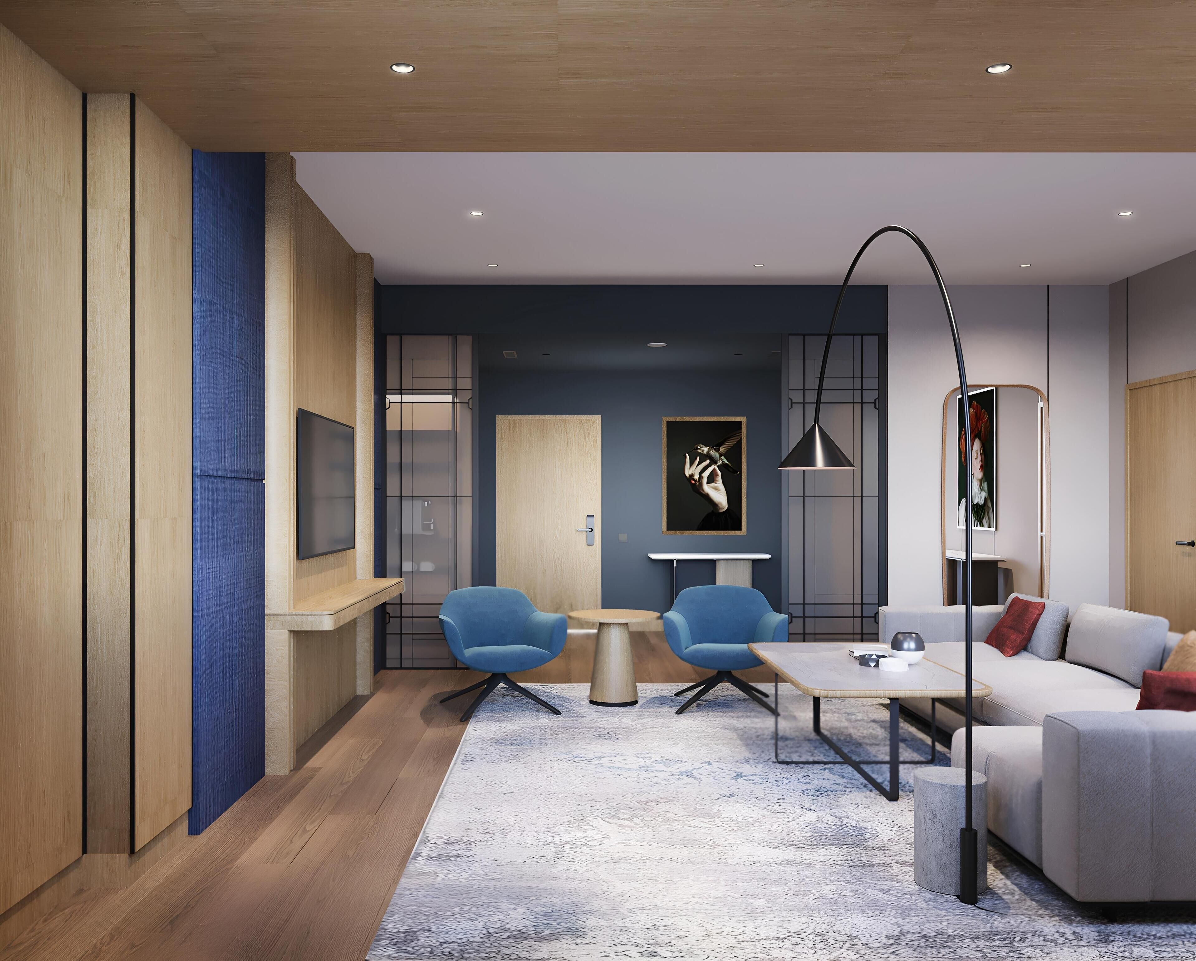 أغطية فراش متميزة وألحفة محشوة بالريش وميني بار وخزنة داخل الغرفة