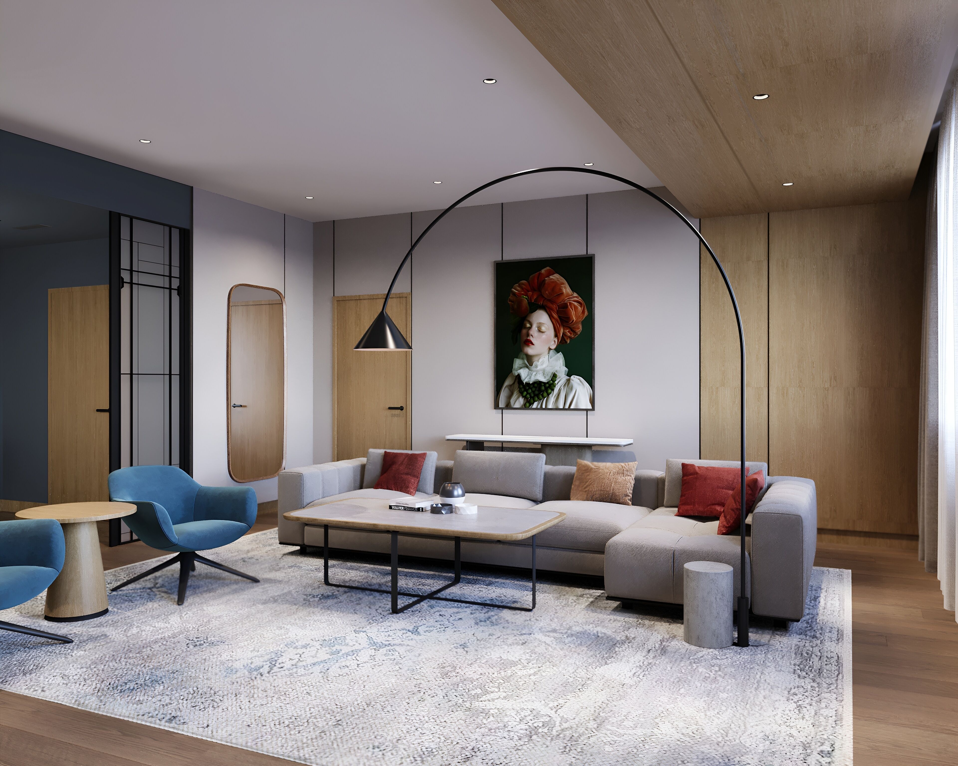Una sala de estar moderna con un sofá, sillas, una mesa de centro y un cuadro en la pared.