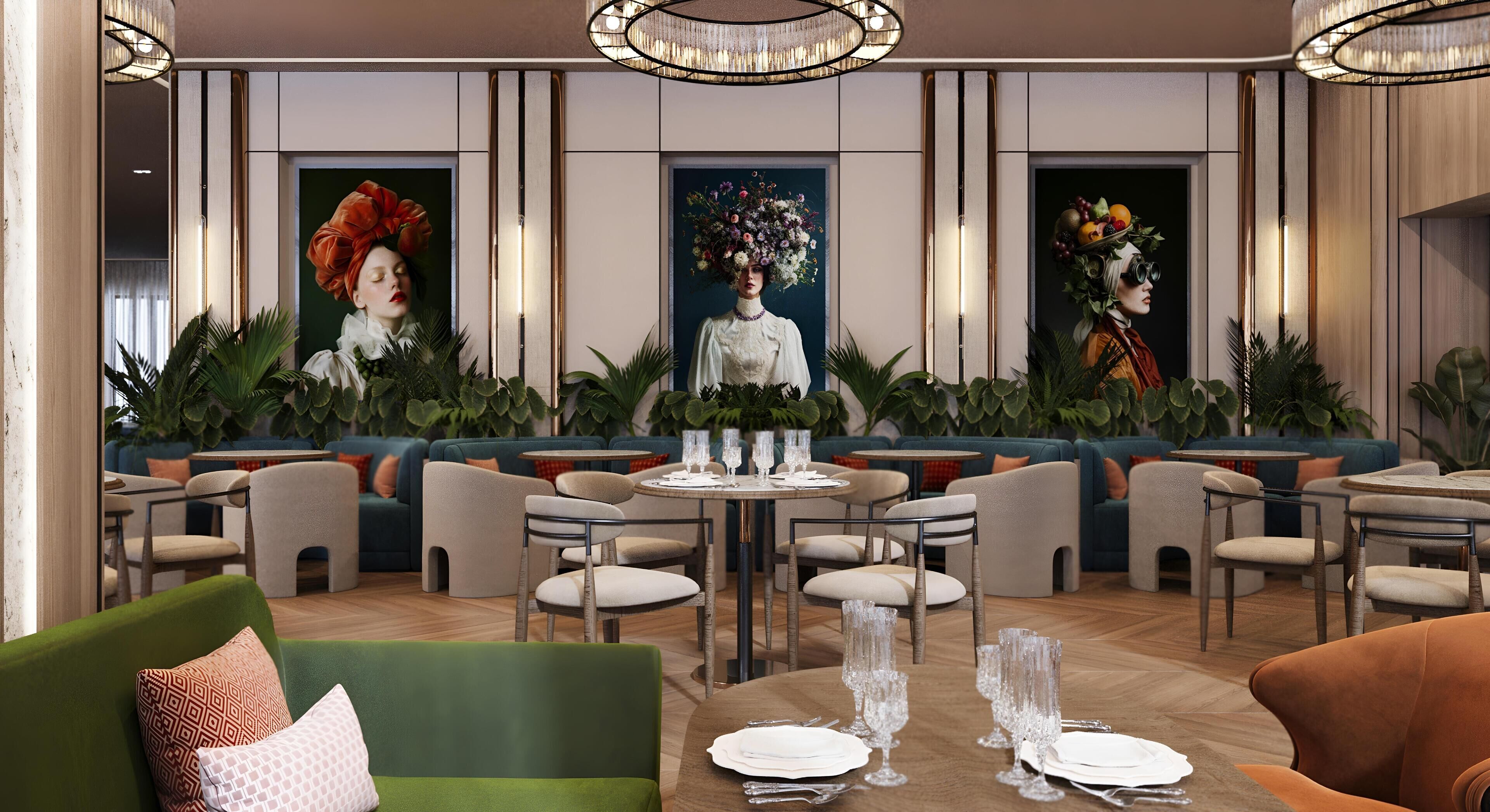 A modern dining area with multiple tables, chairs, and a central seating area with sofas and a decorative wall.