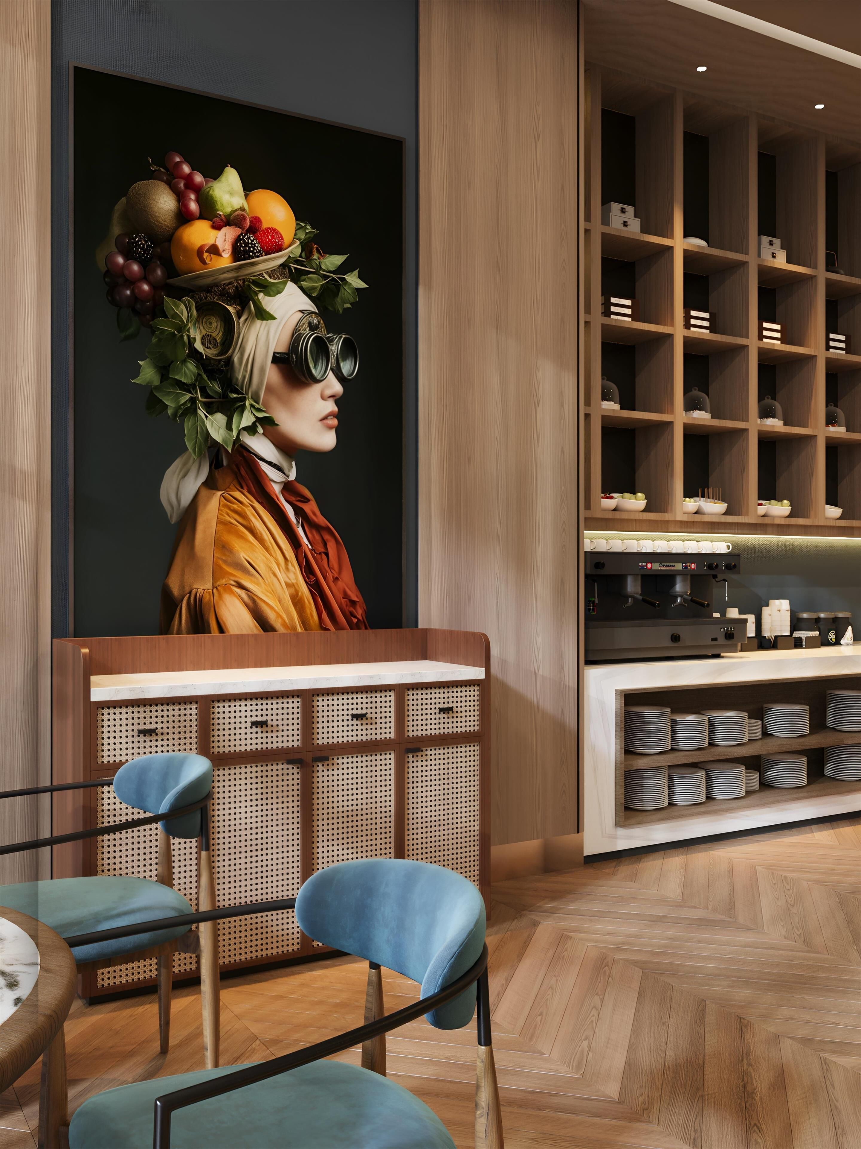 A modern interior with a wooden floor, a seating area with blue chairs, a wall-mounted shelf with kitchenware, and a decorative fruit arrangement.