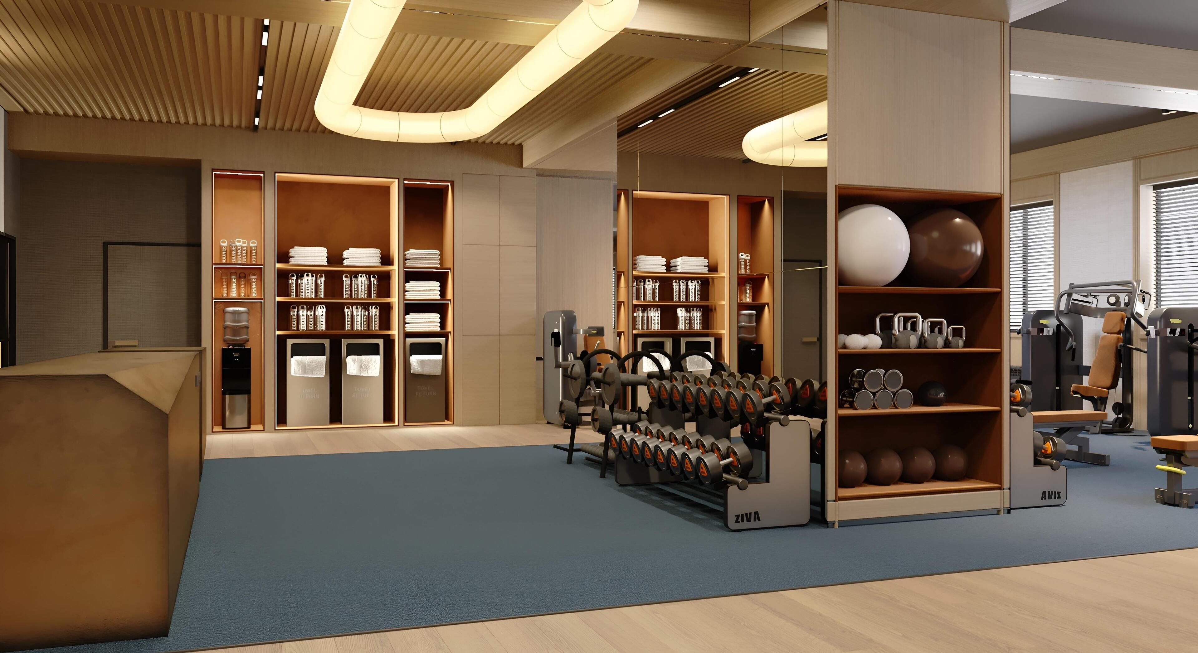 A modern gym with wooden shelving, weightlifting equipment, and exercise machines.