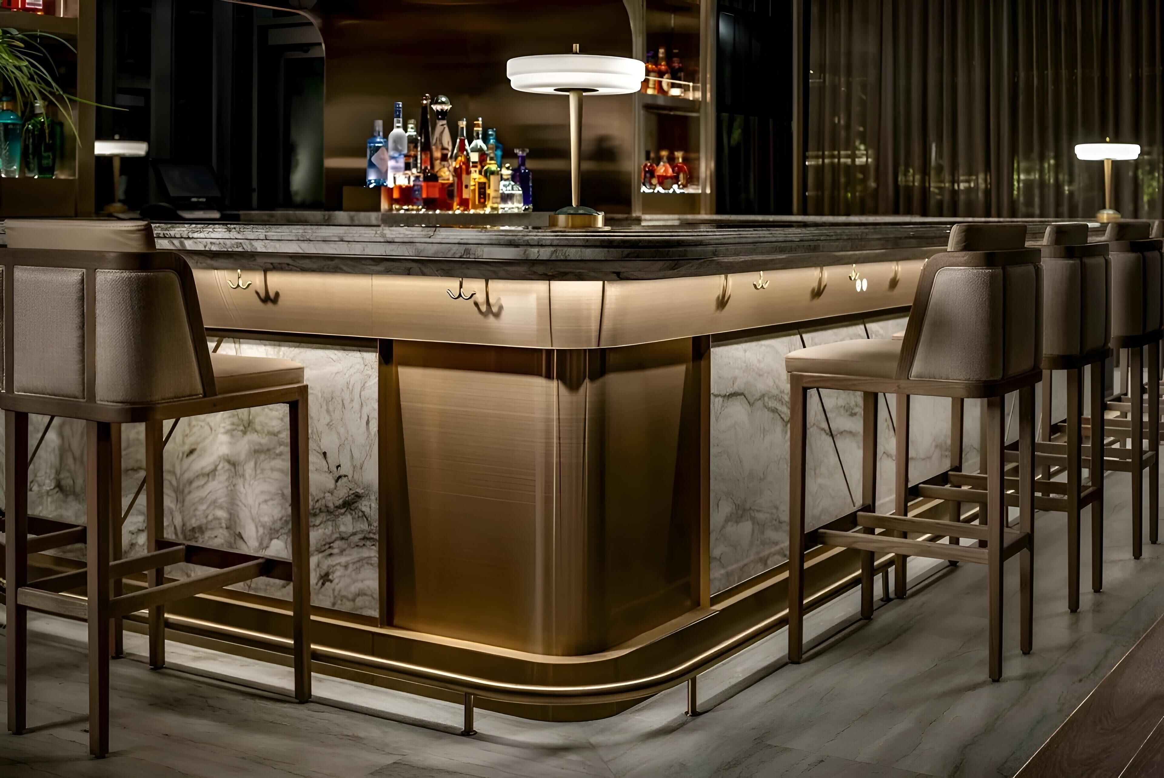 A bar area with a marble countertop, bar stools, and a well-lit bar shelf with bottles.