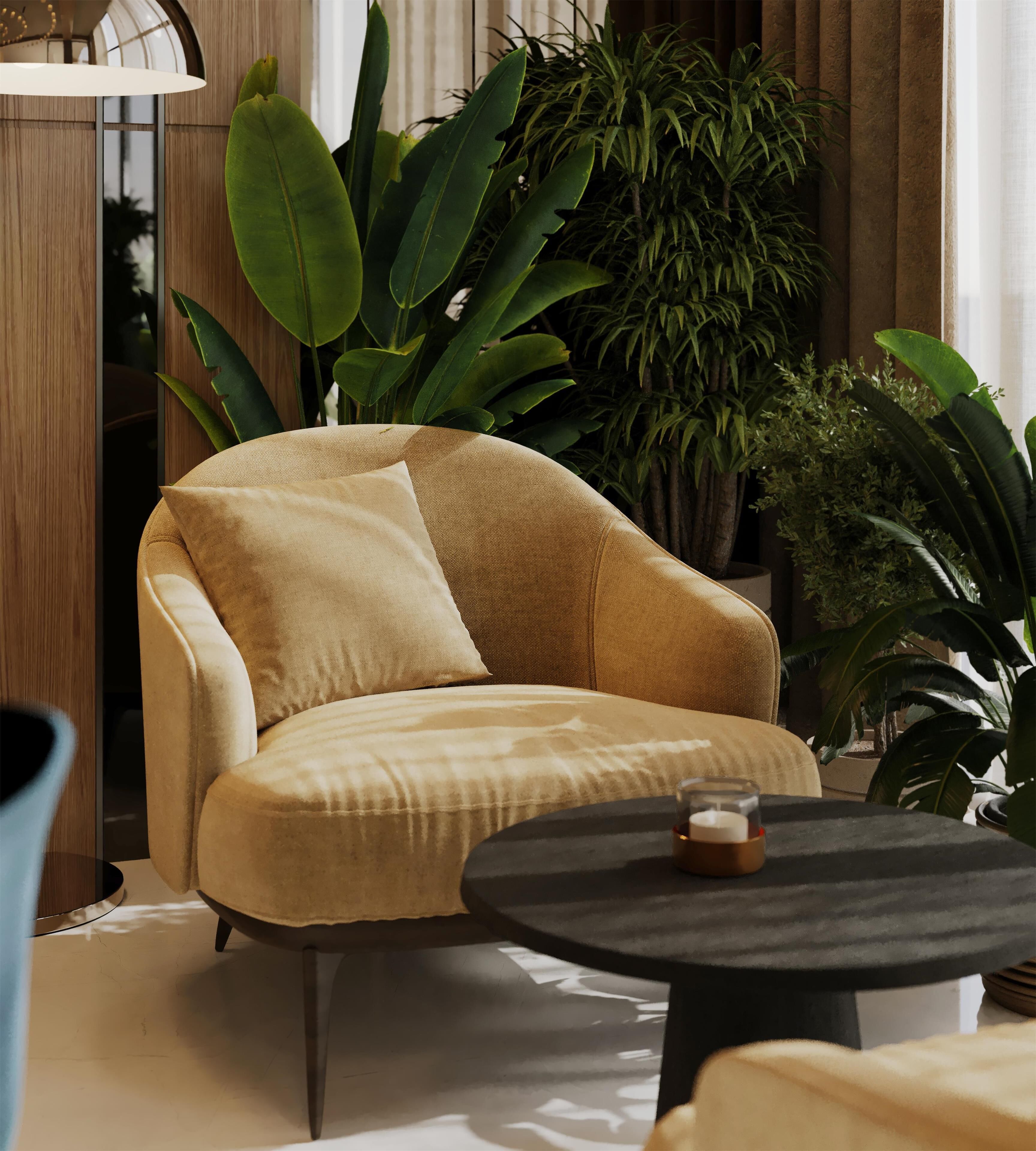Uma sala de estar moderna com uma poltrona bege, uma mesa de centro redonda preta e plantas verdes grandes.