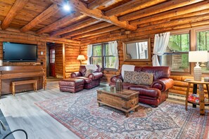 Smart TV, fireplace, books