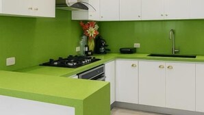Eine moderne Küche mit weißen Schränken, einer grünen Arbeitsplatte und einer Edelstahlspüle.