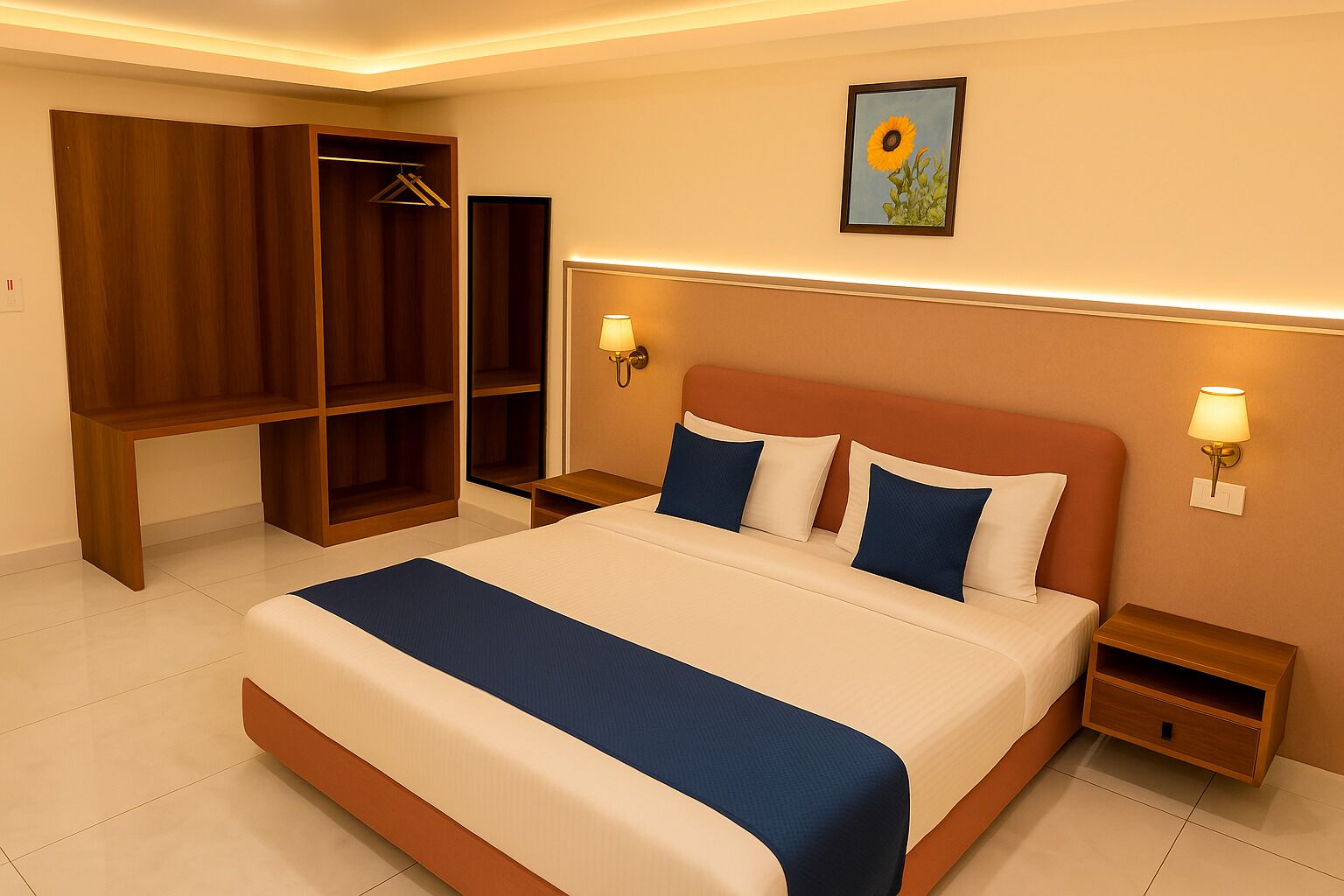 Una habitación de hotel con una cama grande, un armario de madera, dos mesitas de noche y una lámpara de pared.