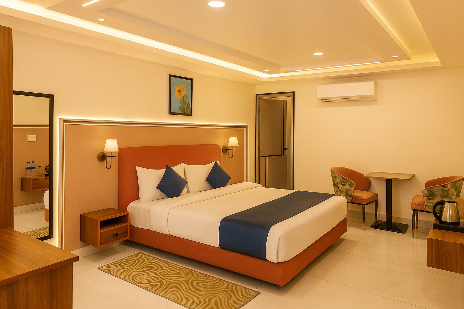 A modern hotel room with a large bed, bedside tables, a desk, a chair, and a small table with a kettle.