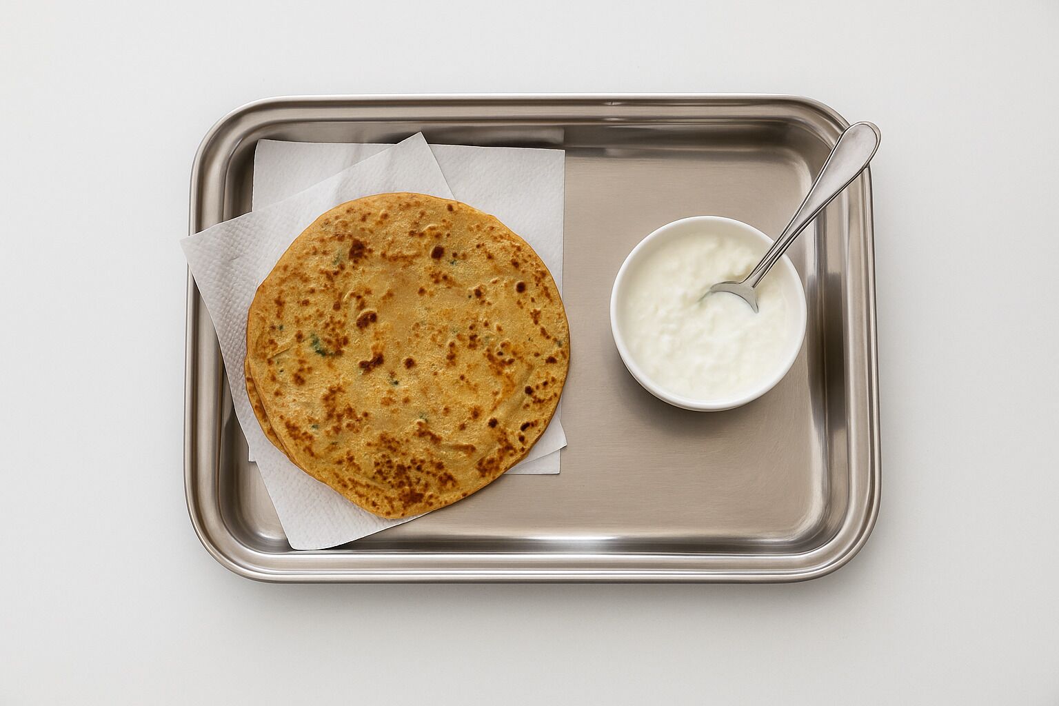 A single flatbread on a metal tray with a small bowl of yogurt and a spoon.