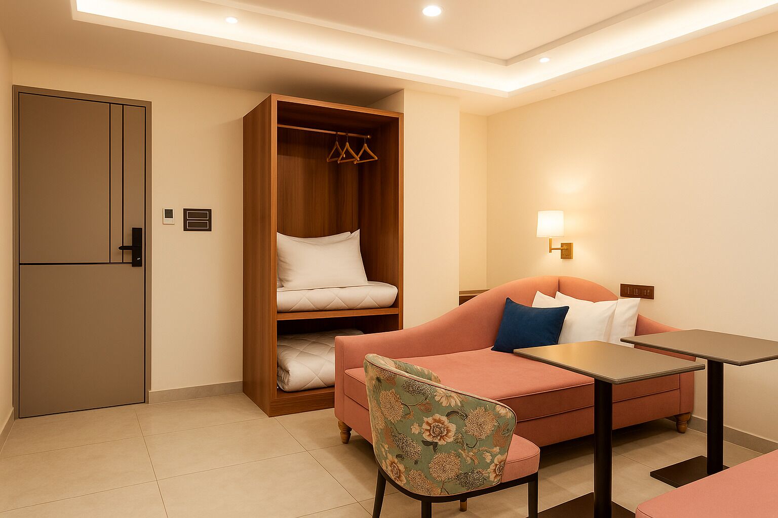 Une chambre d’hôtel de taille réduite, comprenant un lit, un canapé, une chaise et une petite table.