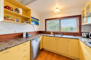 A compact kitchen with a dishwasher, a sink, and a window with blinds.