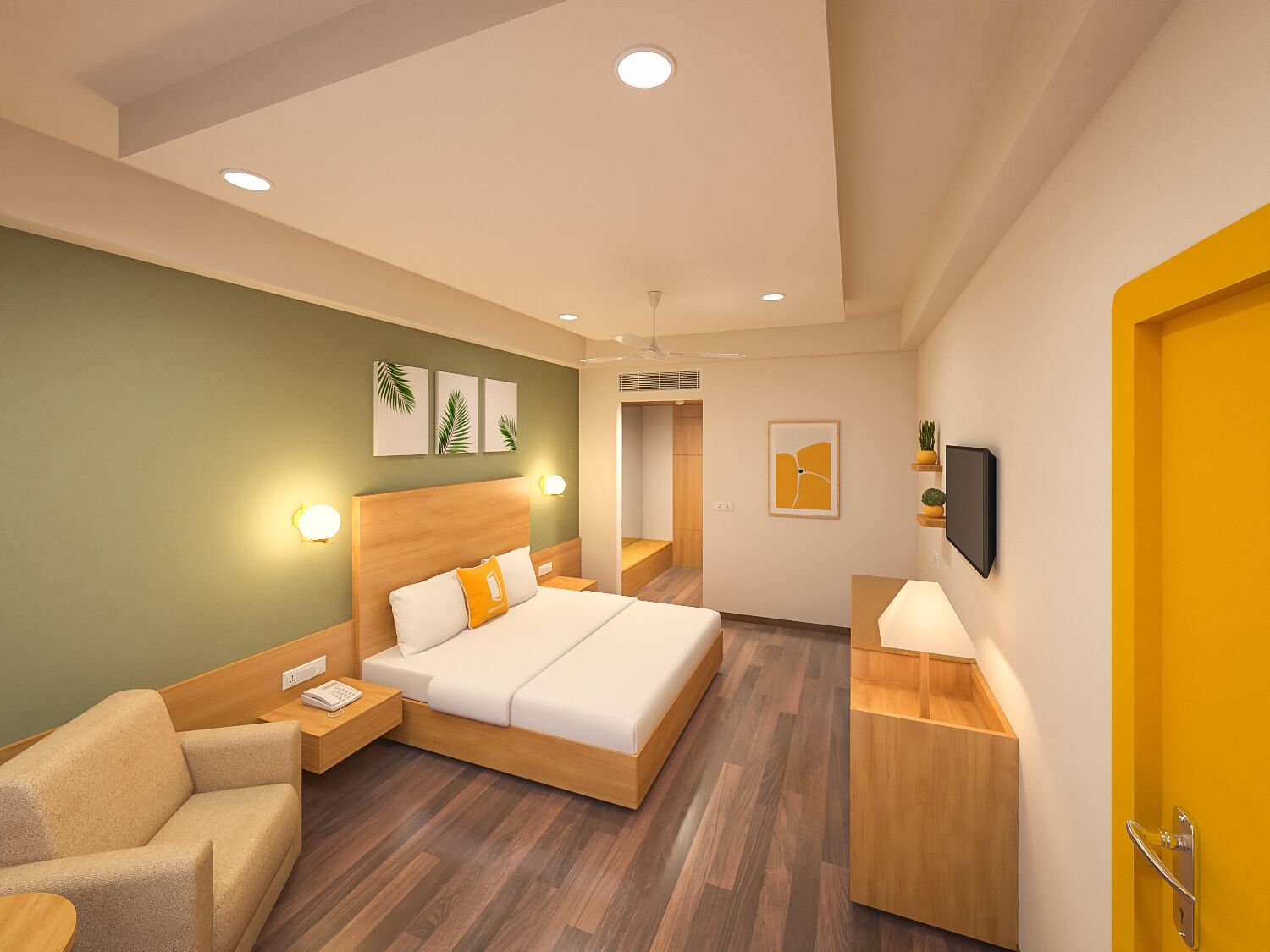 A modern hotel room with a wooden bed, a sofa, a desk, and a TV.