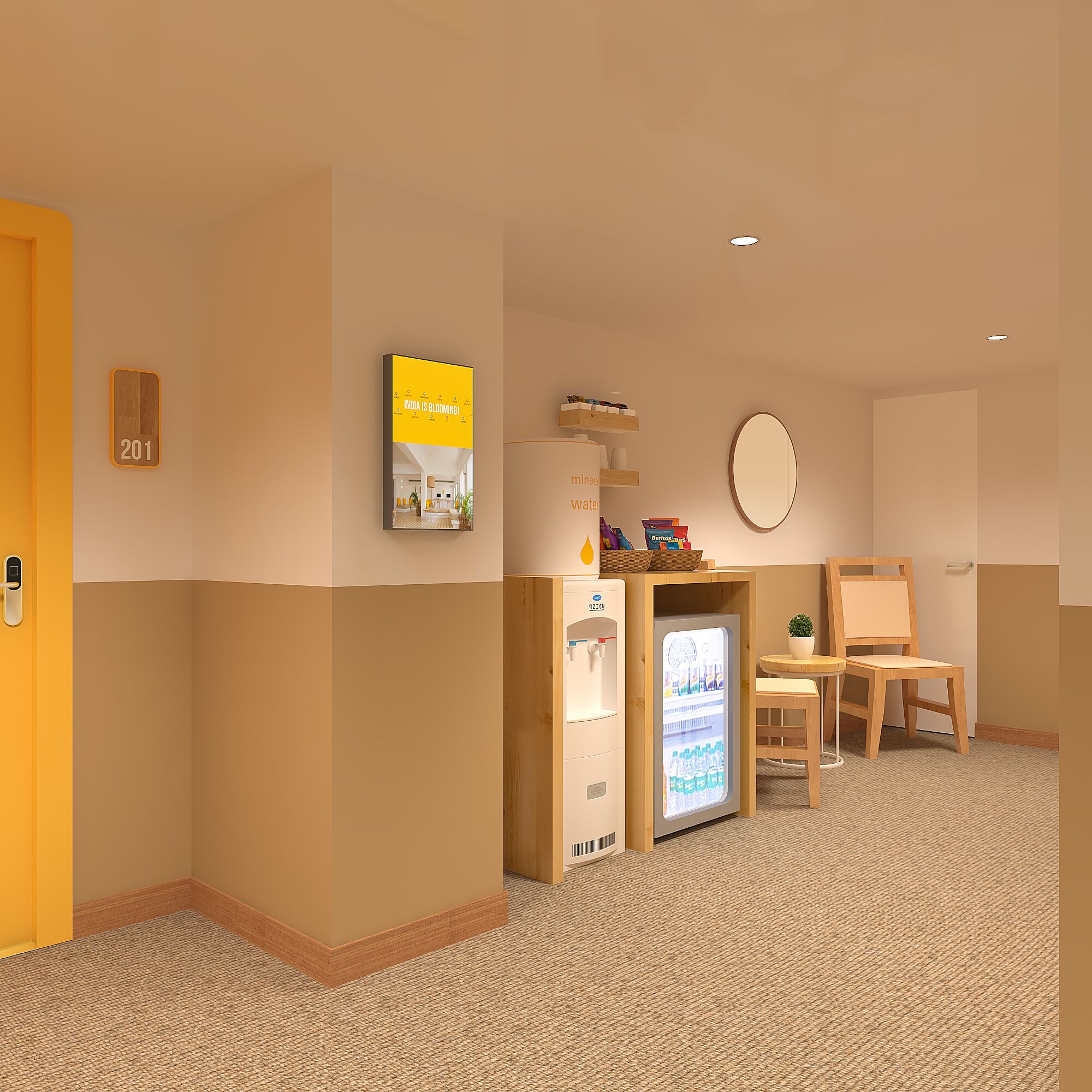 A hotel room with a minibar, a refrigerator, a mirror, a chair, and a small table.