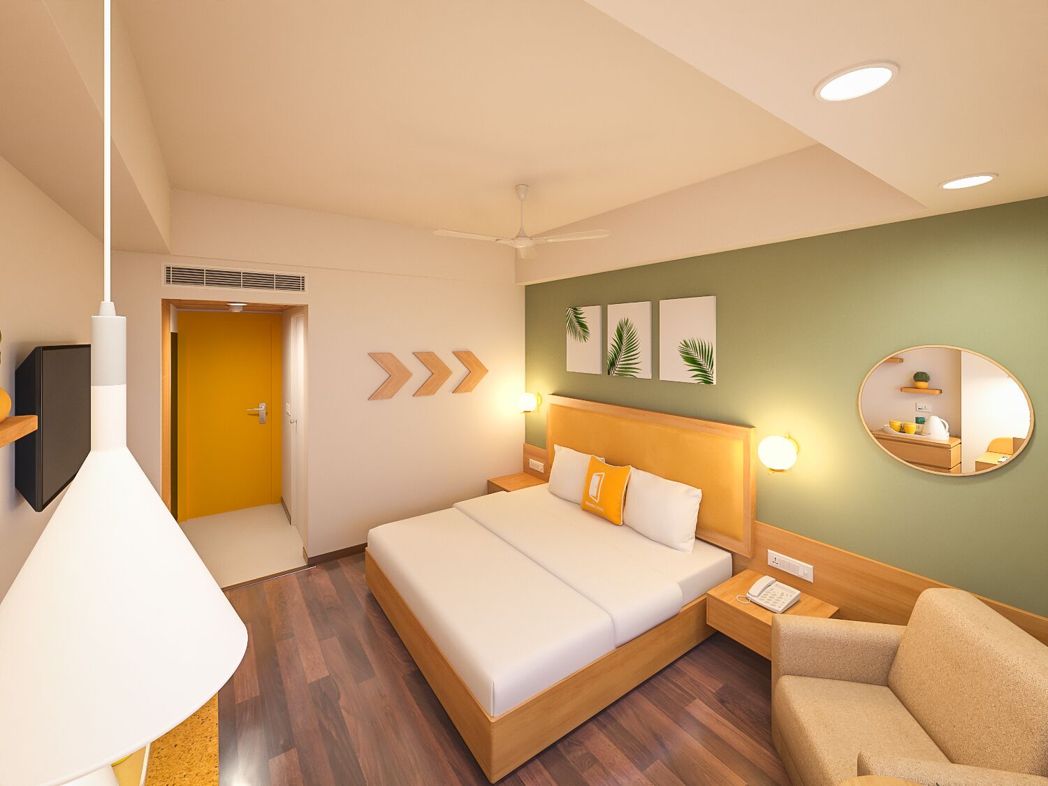A hotel room with a bed, bedside tables, a chair, a TV, and a mirror.