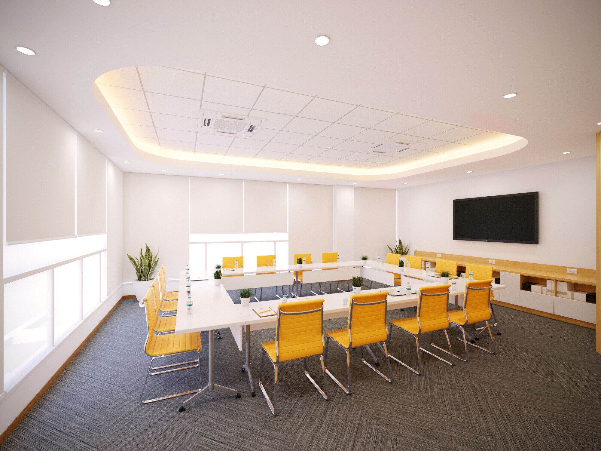 A conference room with a long table, yellow chairs, a flat-screen TV, and a large window.