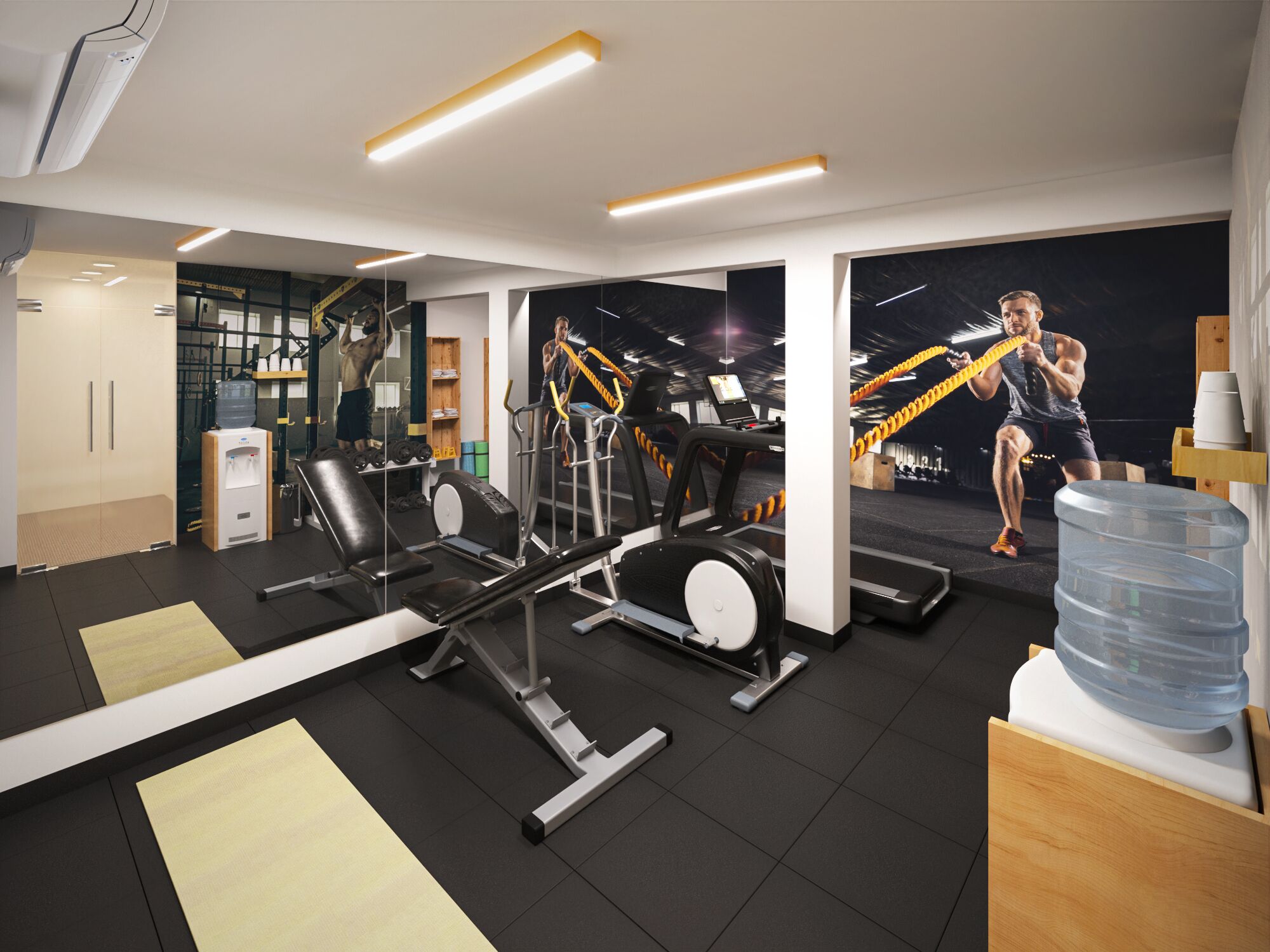 A modern gym with various exercise equipment, a water dispenser, and a large mirror.