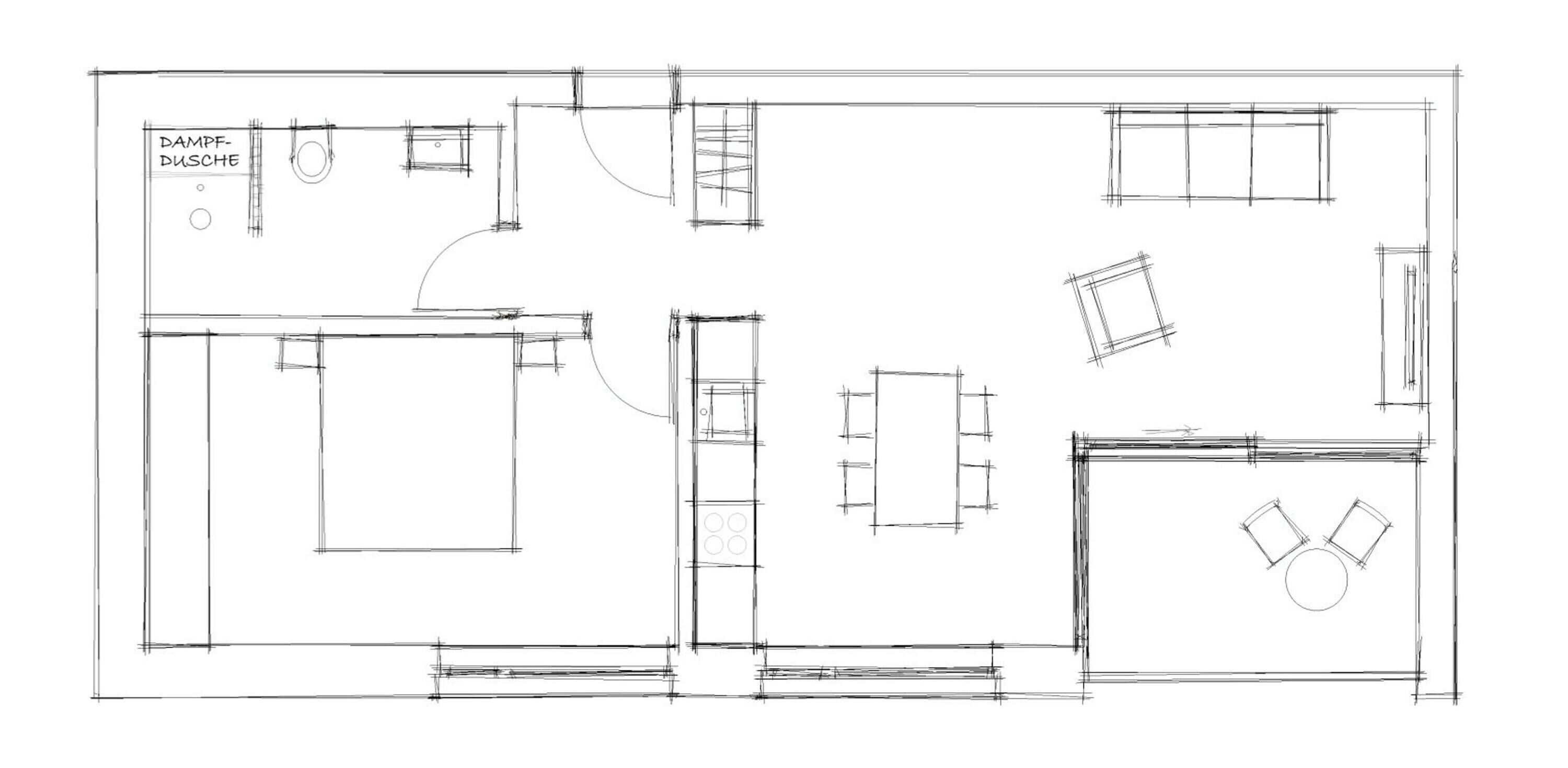 A floor plan of a hotel room with a kitchenette, a dining area, and a seating area.