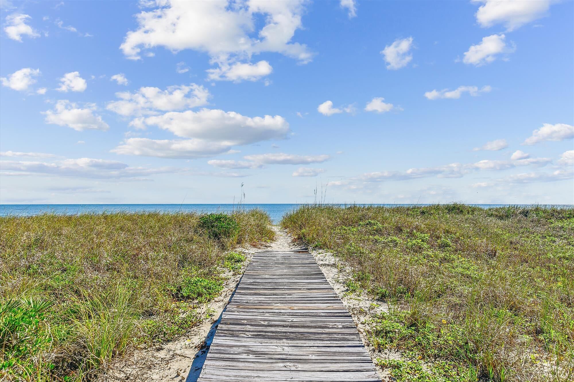 A wooden boardwalk leading to the beach, surrounded by grassy dunes.