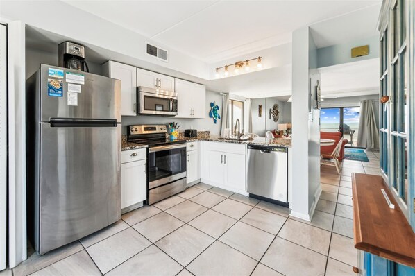 Fridge, microwave, oven, stovetop
