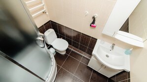 Un baño con inodoro, lavamanos y ducha.