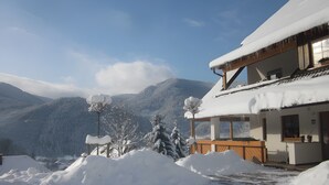 Un edificio cubierto de nieve con una terraza de madera y vistas a montañas nevadas.