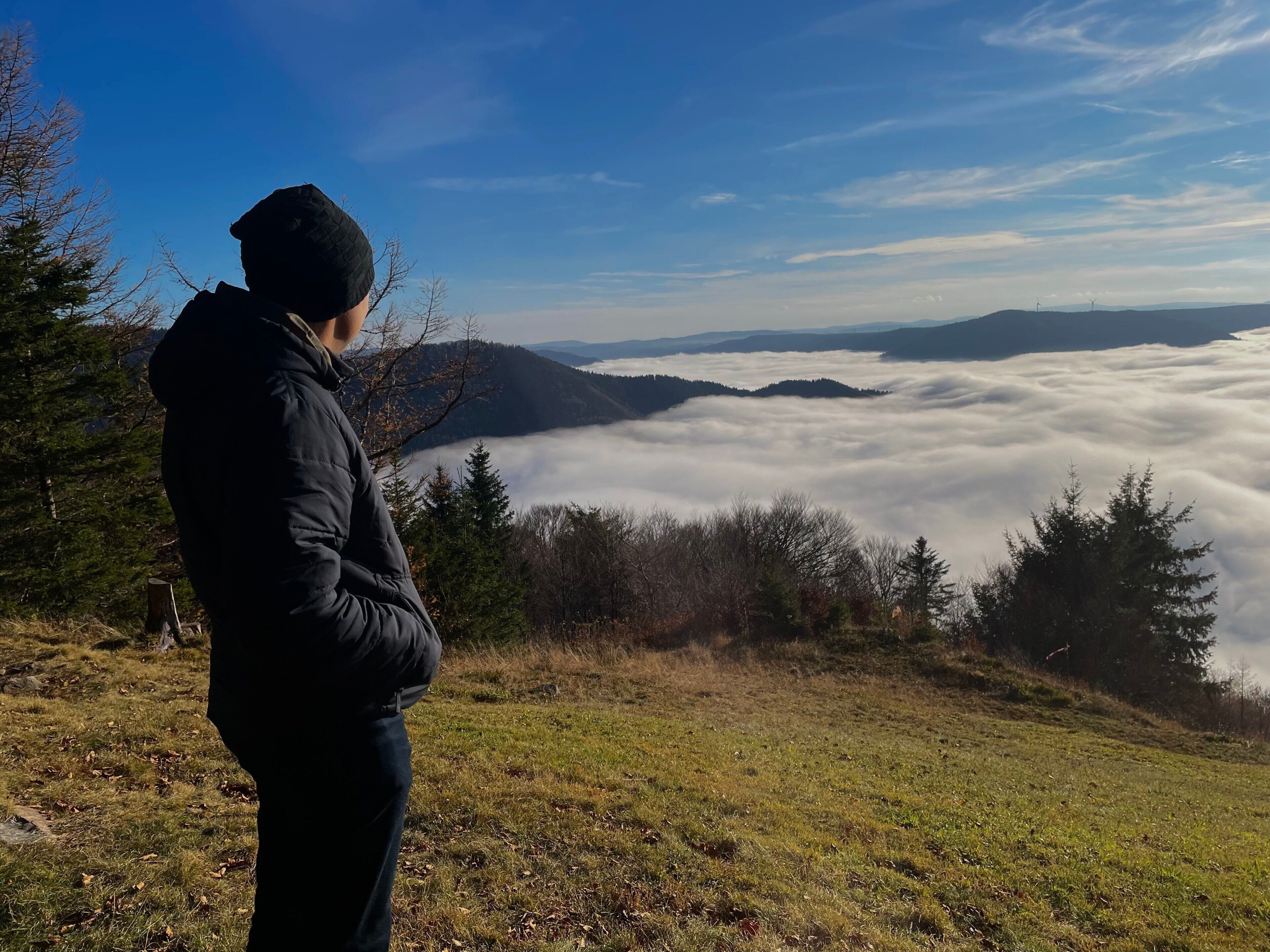 A person standing on a grassy hill overlooking a valley with a forested mountain range and a layer of clouds below.