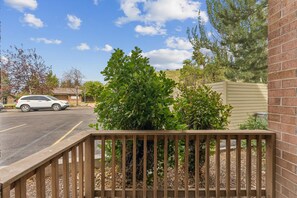 A wooden deck with a metal railing, a brick wall, and a green bush in the foreground.