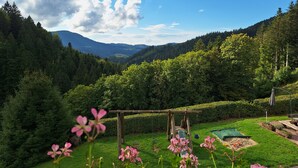 A lush garden with a wooden swing set, a green tarp, and a paved area with a bench. - Christianshof - Holiday Apartment '3' with Mountain View, Shared Garden and Wi-Fi (Oppenau)