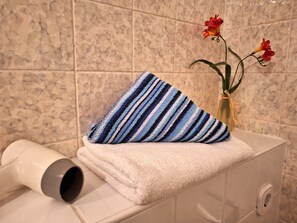Douche, articles de toilette gratuits, sèche-cheveux