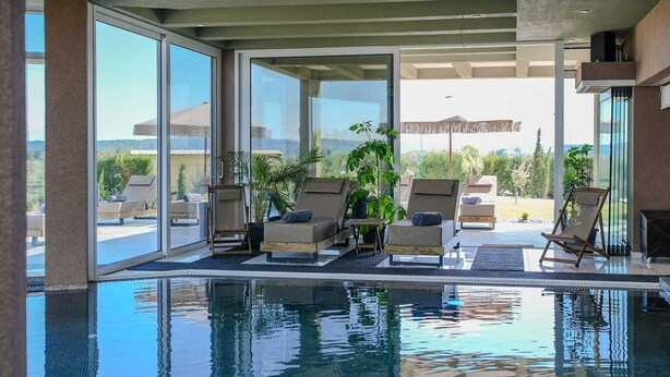 Piscina interna com espreguiçadeiras e plantas em vasos.