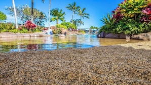 A pebble beach with a pool, palm trees, and tropical plants.