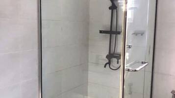 Shower, towels, soap, toilet paper