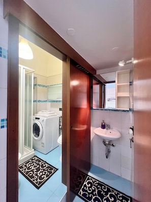 Shower, hair dryer, bidet, towels