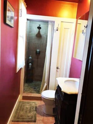 Shower, hair dryer, towels, shampoo