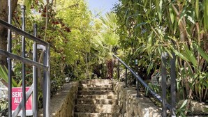 A stone staircase leading up to a gated entrance surrounded by lush greenery. - Serene Private Suite Patio ~ Upscale Berkeley (Berkeley)