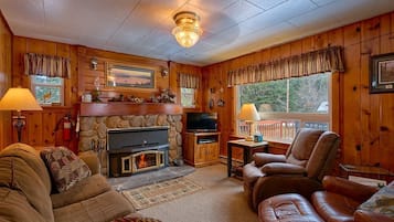 Télévision, cheminée, livres