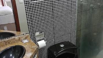 Shower, towels, soap, toilet paper