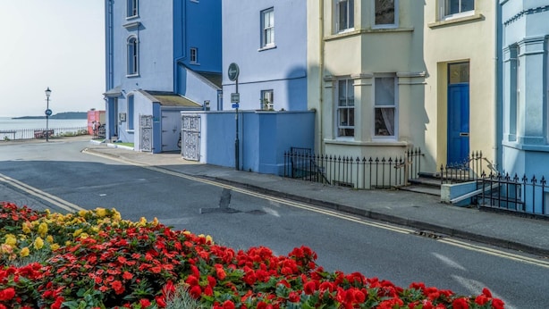 Une rue bordée d’immeubles aux couleurs vives, un ciel dégagé et un parterre de fleurs au premier plan.