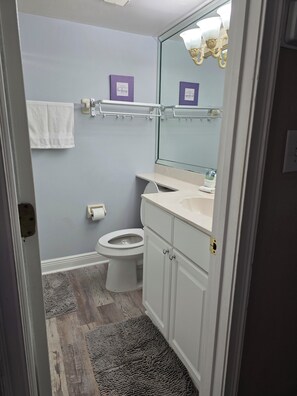 Hair dryer, towels, soap, toilet paper
