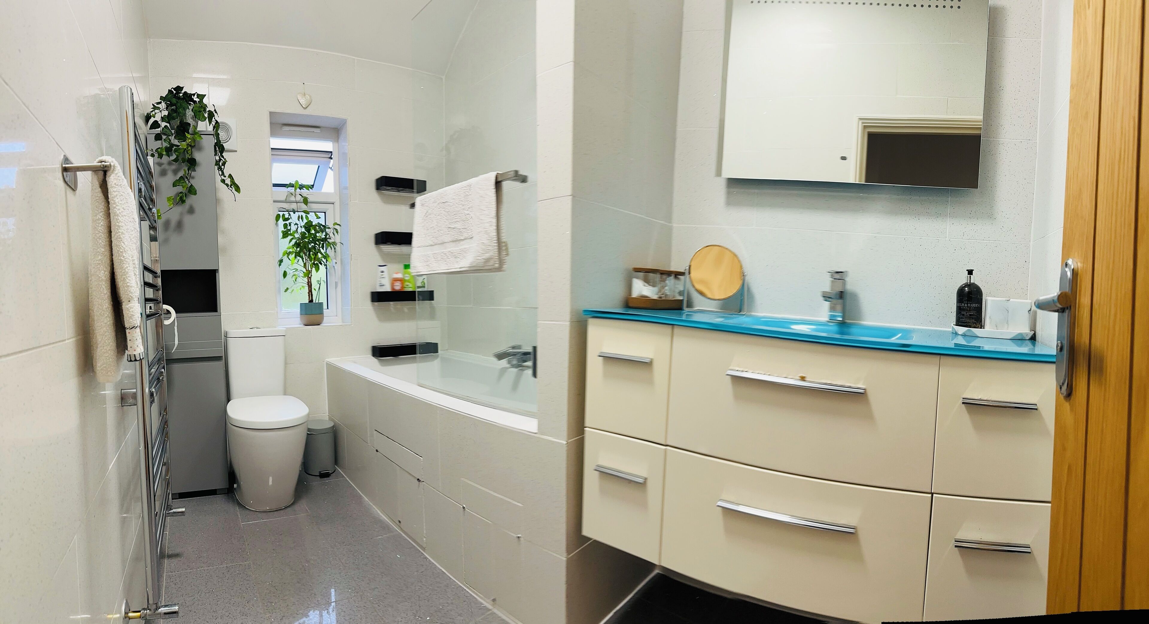 Hair dryer, towels, soap, toilet paper