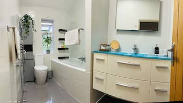 Hair dryer, towels, soap, toilet paper