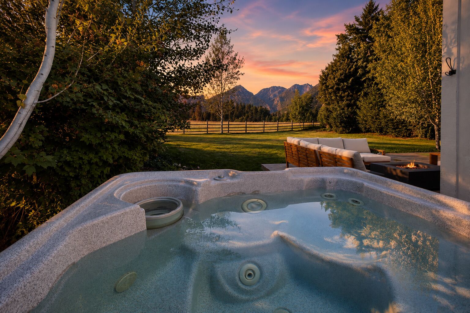 A hot tub with a view of mountains and a wooden deck with outdoor furniture.