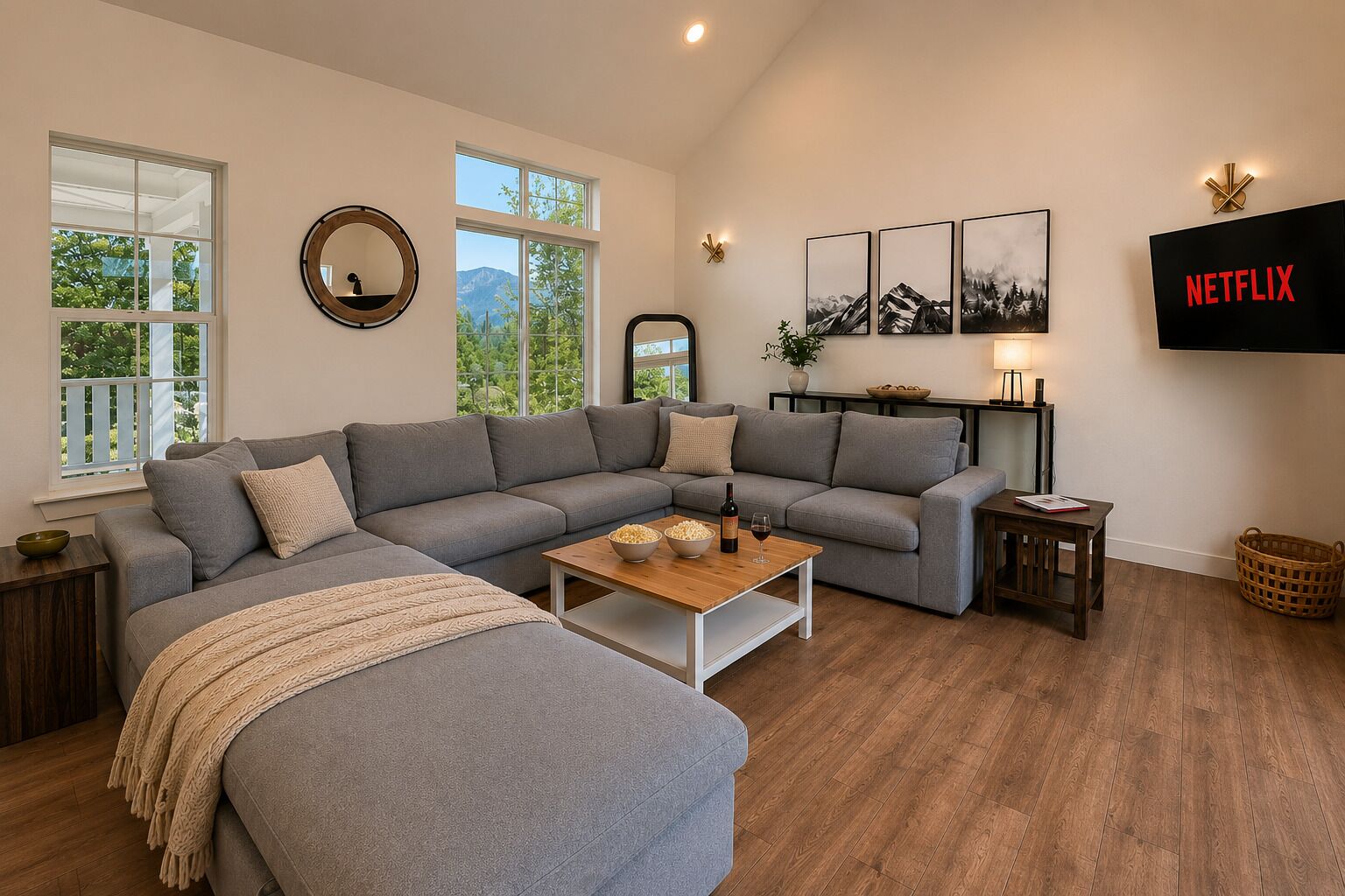 A modern living room with a sectional sofa, a wooden coffee table, and a flat-screen TV mounted on the wall.