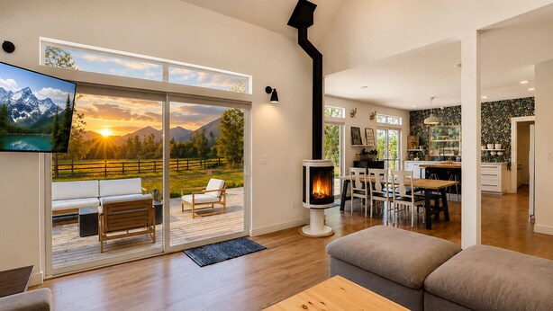 Ein modernes Wohnzimmer mit Kamin, Fernseher und Blick auf eine Berglandschaft durch große Schiebetüren.
