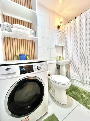 Hair dryer, towels, soap, toilet paper