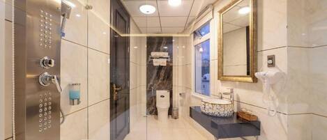 Hair dryer, slippers, towels, soap