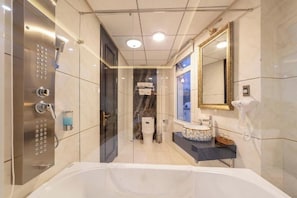 Hair dryer, slippers, towels, soap